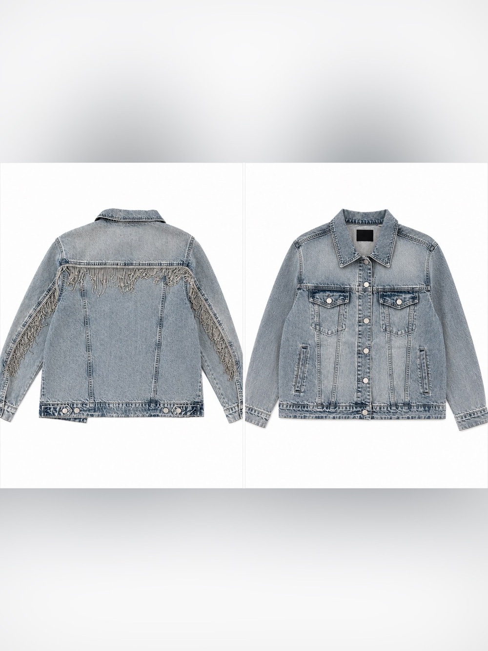 Light Wash Denim Jacket with Fringe Trim